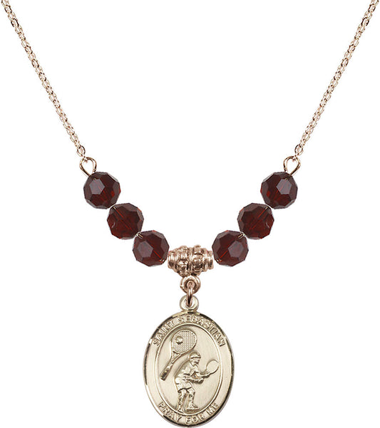 14kt Gold Filled Saint Sebastian / Tennis Birthstone Necklace with Garnet Beads - 8605
