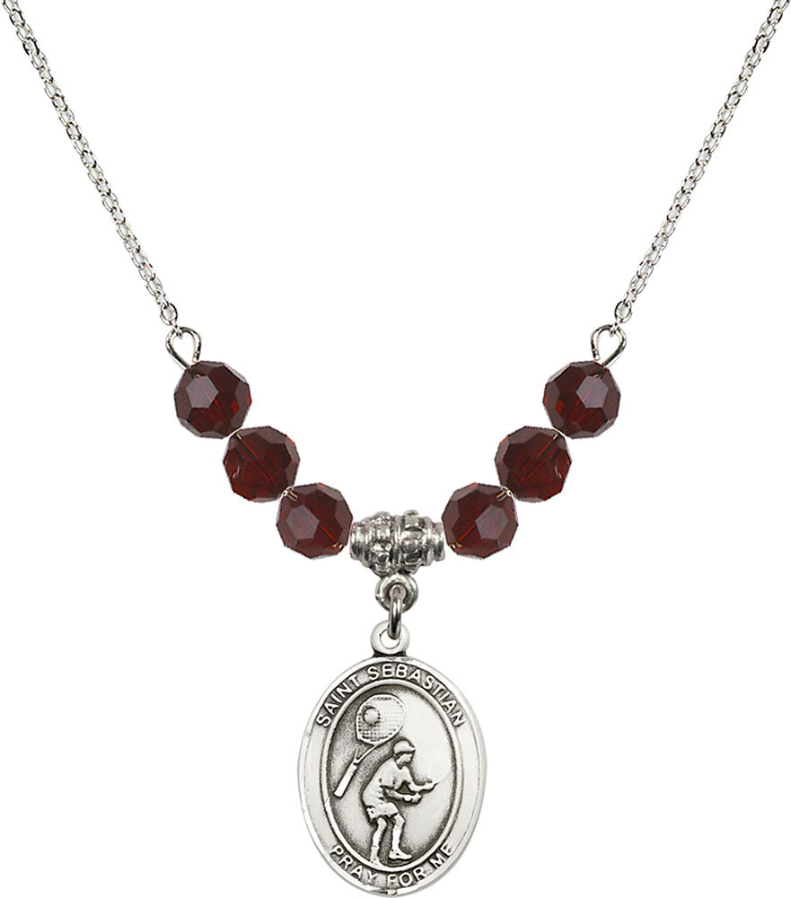 Sterling Silver Saint Sebastian / Tennis Birthstone Necklace with Garnet Beads - 8605