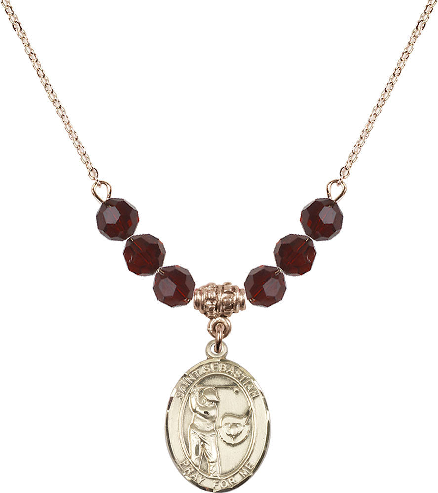 14kt Gold Filled Saint Sebastian / Golf Birthstone Necklace with Garnet Beads - 8606
