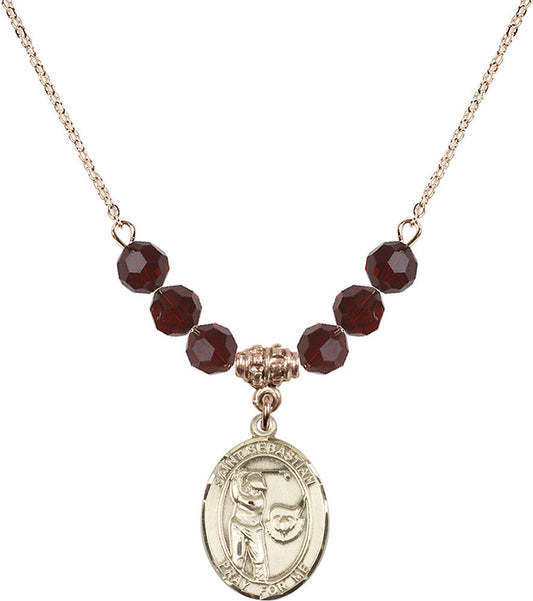 14kt Gold Filled Saint Sebastian / Golf Birthstone Necklace with Garnet Beads - 8606