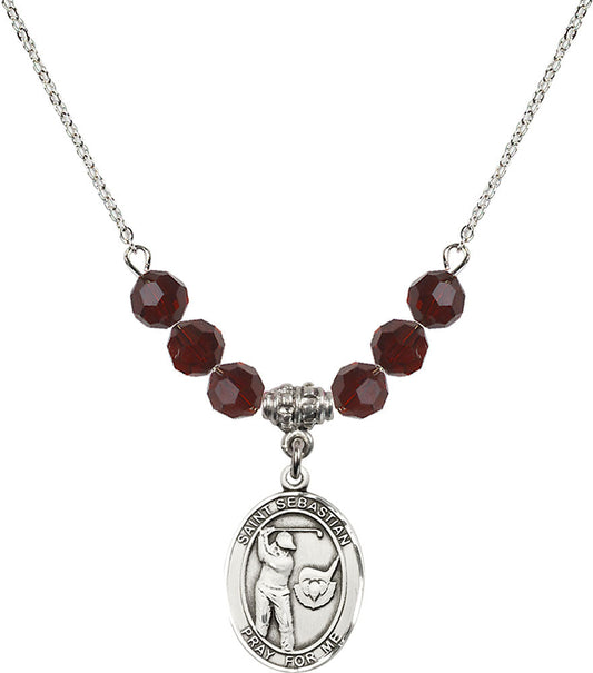 Sterling Silver Saint Sebastian / Golf Birthstone Necklace with Garnet Beads - 8606