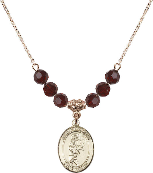 14kt Gold Filled Saint Sebastian/Softball Birthstone Necklace with Garnet Beads - 8607