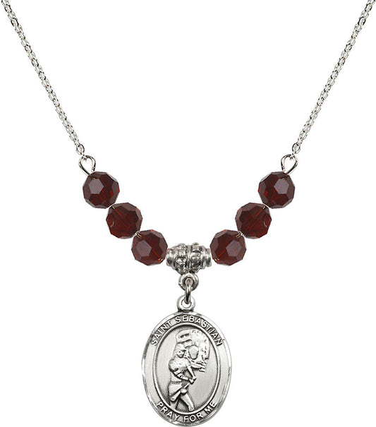 Sterling Silver Saint Sebastian/Softball Birthstone Necklace with Garnet Beads - 8607