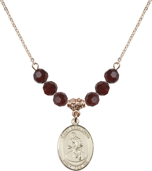 14kt Gold Filled Saint Sebastian/Wrestling Birthstone Necklace with Garnet Beads - 8608