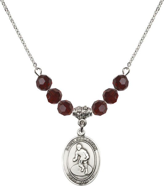 Sterling Silver Saint Sebastian/Wrestling Birthstone Necklace with Garnet Beads - 8608