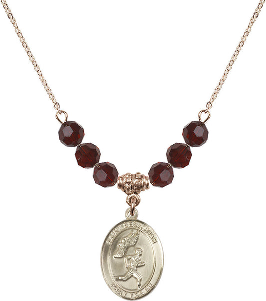 14kt Gold Filled Saint Sebastian /Track&Field-Men Birthstone Necklace with Garnet Beads - 8609