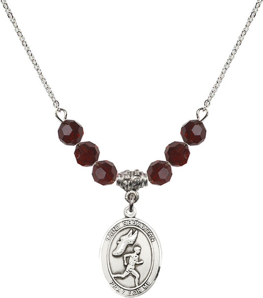 Sterling Silver Saint Sebastian /Track&Field-Men Birthstone Necklace with Garnet Beads - 8609