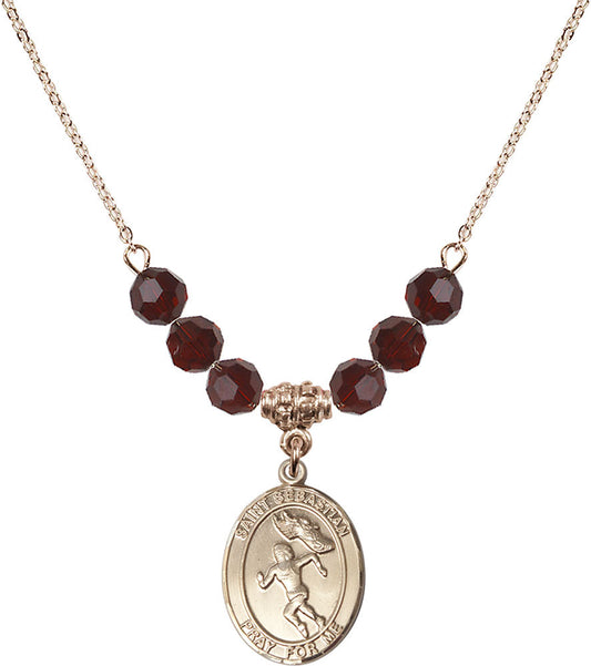 14kt Gold Filled Saint Sebastian /Track&Field-Women Birthstone Necklace with Garnet Beads - 8610