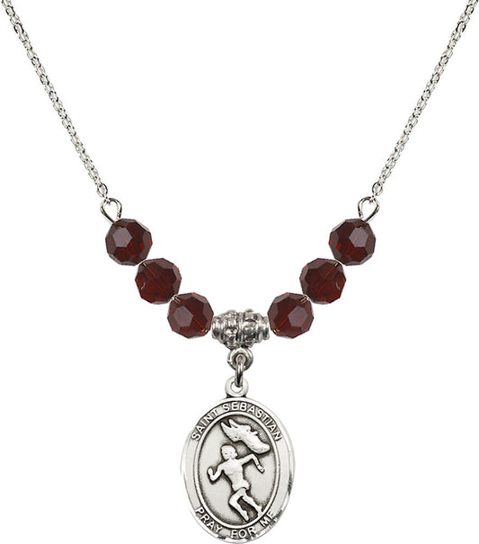 Sterling Silver Saint Sebastian /Track&Field-Women Birthstone Necklace with Garnet Beads - 8610