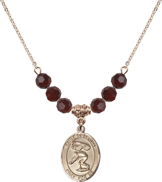 14kt Gold Filled Saint Sebastian/Swimming Birthstone Necklace with Garnet Beads - 8611