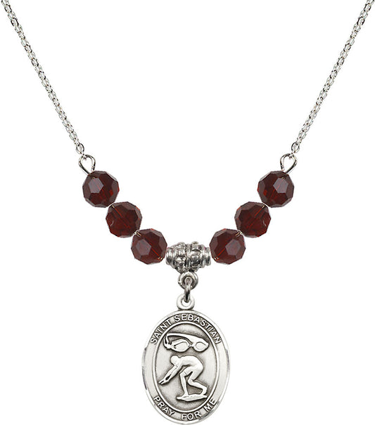 Sterling Silver Saint Sebastian/Swimming Birthstone Necklace with Garnet Beads - 8611