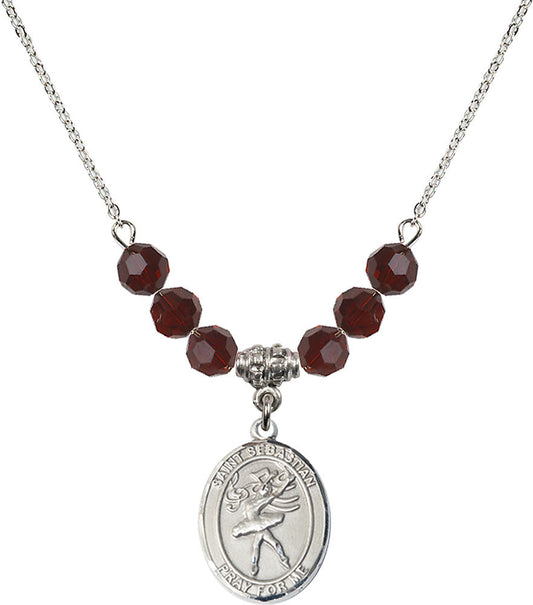Sterling Silver Saint Sebastian / Dance Birthstone Necklace with Garnet Beads - 8612