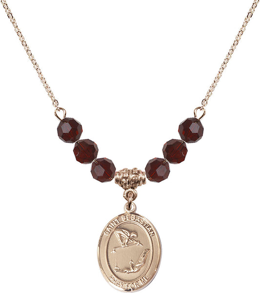 14kt Gold Filled Saint Sebastian/Gymnastics Birthstone Necklace with Garnet Beads - 8613