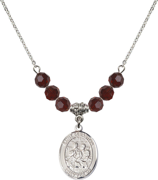 Sterling Silver Saint Sebastian / Choir Birthstone Necklace with Garnet Beads - 8614