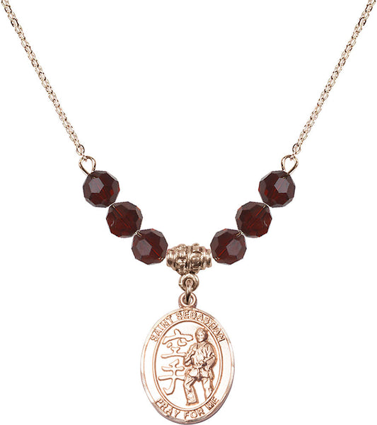 14kt Gold Filled Saint Sebastian/Karate Birthstone Necklace with Garnet Beads - 8615