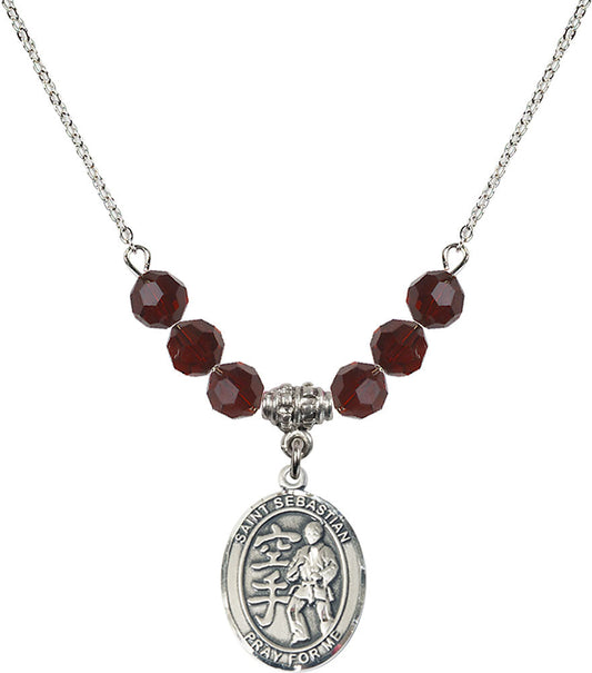 Sterling Silver Saint Sebastian/Karate Birthstone Necklace with Garnet Beads - 8615