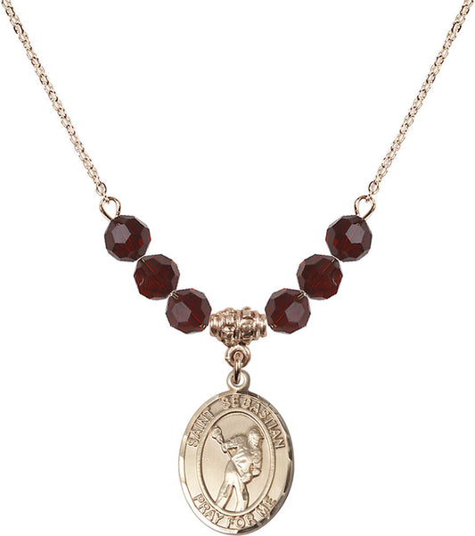 14kt Gold Filled Saint Sebastian/Lacrosse Birthstone Necklace with Garnet Beads - 8616