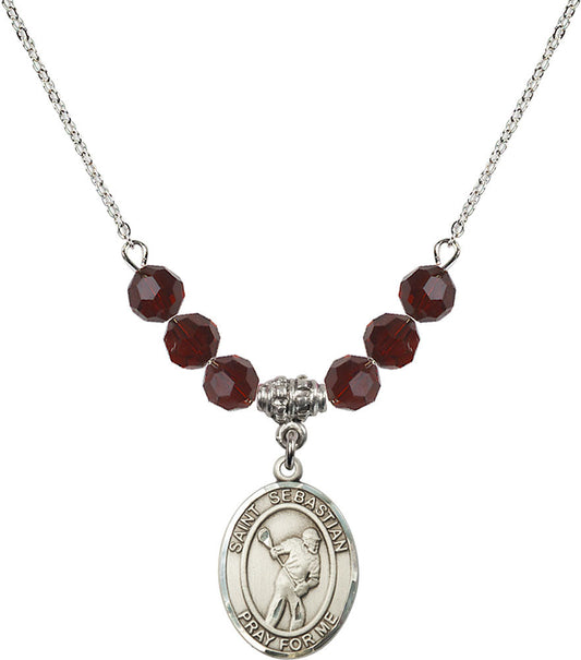 Sterling Silver Saint Sebastian/Lacrosse Birthstone Necklace with Garnet Beads - 8616