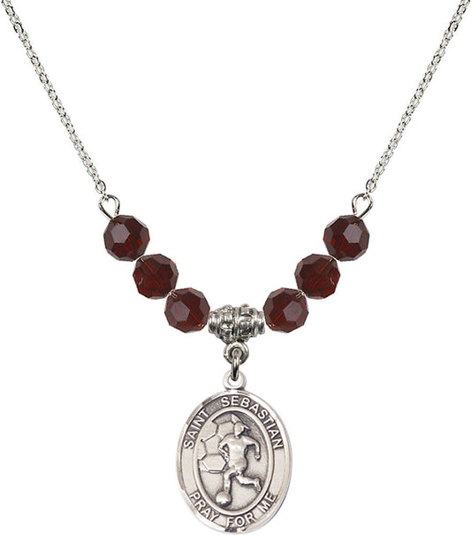 Sterling Silver Saint Sebastian/Soccer-Women Birthstone Necklace with Garnet Beads - 8617