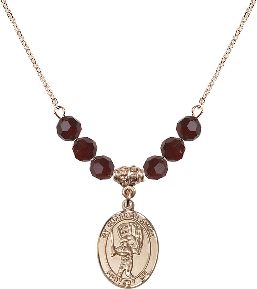14kt Gold Filled Guardian Angel/Baseball Birthstone Necklace with Garnet Beads - 8700