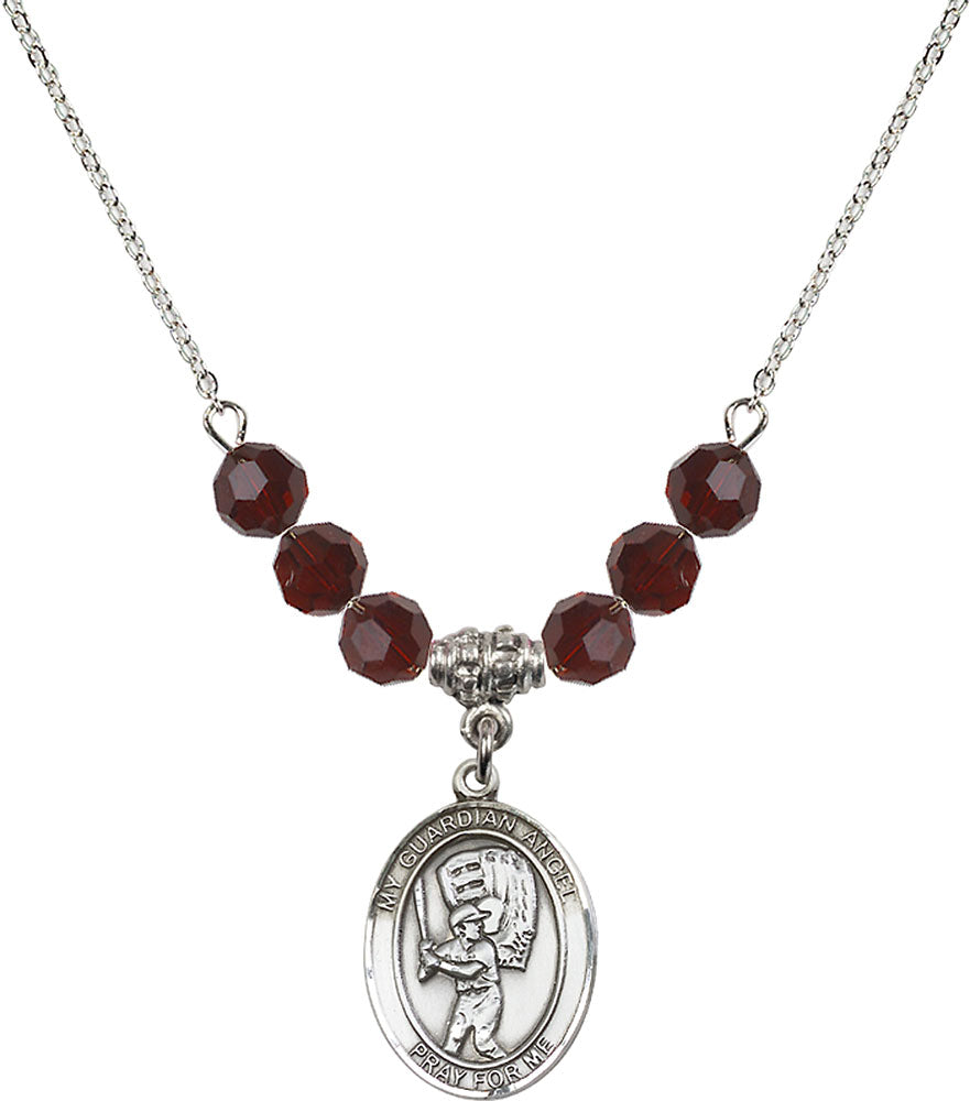 Sterling Silver Guardian Angel/Baseball Birthstone Necklace with Garnet Beads - 8700