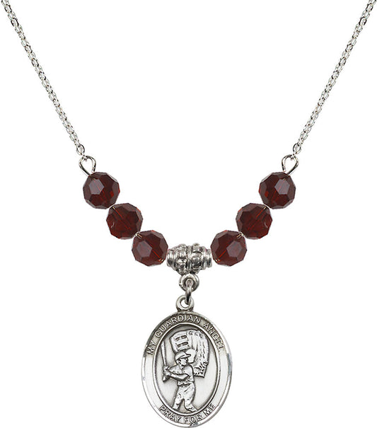 Sterling Silver Guardian Angel/Baseball Birthstone Necklace with Garnet Beads - 8700