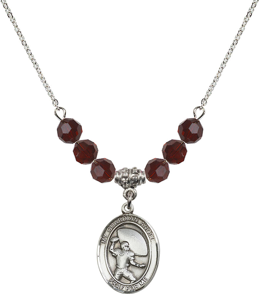 Sterling Silver Guardian Angel/Football Birthstone Necklace with Garnet Beads - 8701