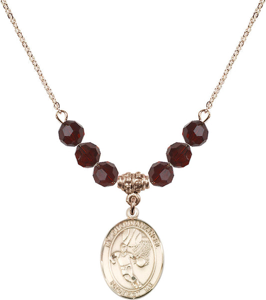 14kt Gold Filled Guardian Angel/Basketball Birthstone Necklace with Garnet Beads - 8702