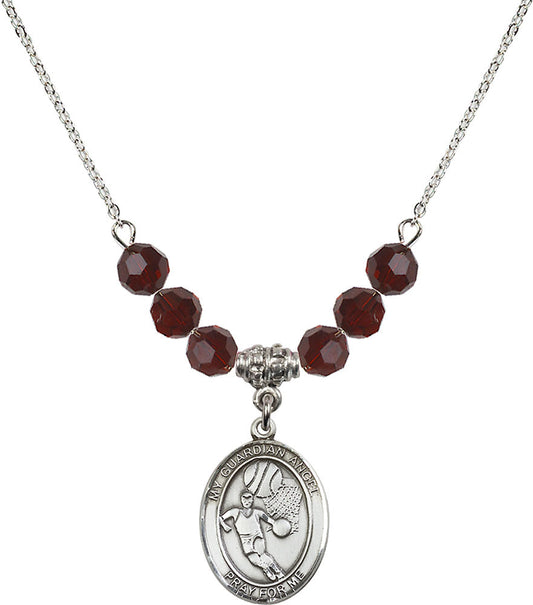 Sterling Silver Guardian Angel/Basketball Birthstone Necklace with Garnet Beads - 8702