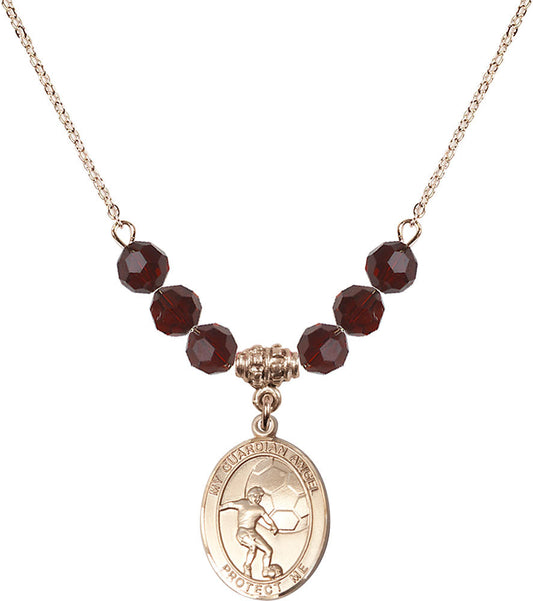 14kt Gold Filled Guardian Angel/Soccer Birthstone Necklace with Garnet Beads - 8703
