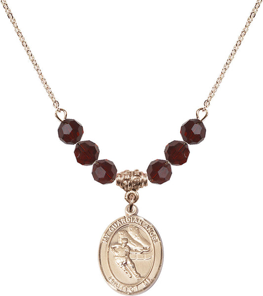 14kt Gold Filled Guardian Angel/Hockey Birthstone Necklace with Garnet Beads - 8704