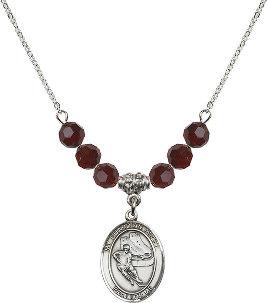 Sterling Silver Guardian Angel/Hockey Birthstone Necklace with Garnet Beads - 8704