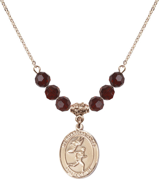 14kt Gold Filled Guardian Angel/Track&Field-Men Birthstone Necklace with Garnet Beads - 8709