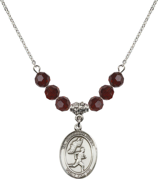 Sterling Silver Guardian Angel/Track&Field-Men Birthstone Necklace with Garnet Beads - 8709