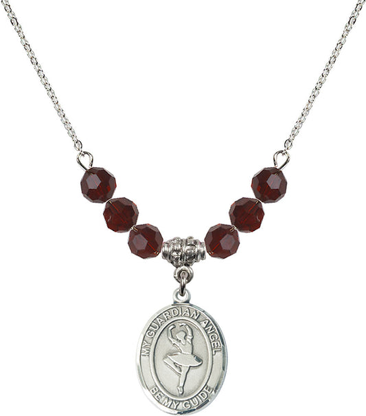 Sterling Silver Guardian Angel/Dance Birthstone Necklace with Garnet Beads - 8712