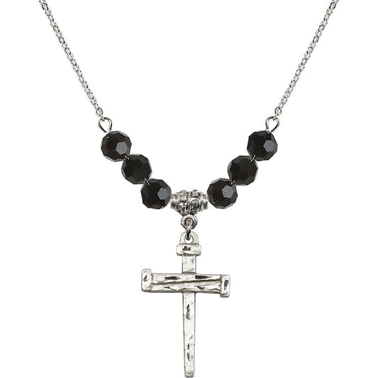 Sterling Silver Nail Cross Birthstone Necklace with Jet Beads - 0013