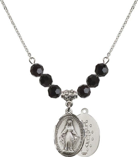 Sterling Silver Miraculous Birthstone Necklace with Jet Beads - 0015