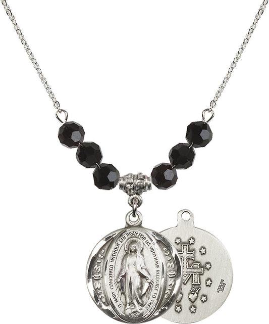 Sterling Silver Miraculous Birthstone Necklace with Jet Beads - 0017
