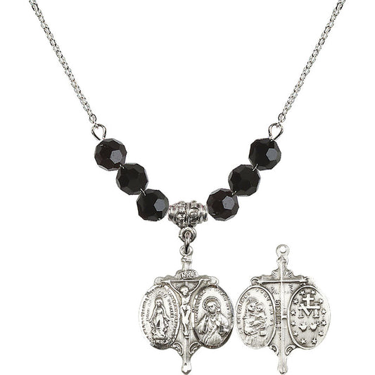 Sterling Silver Novena Birthstone Necklace with Jet Beads - 0021