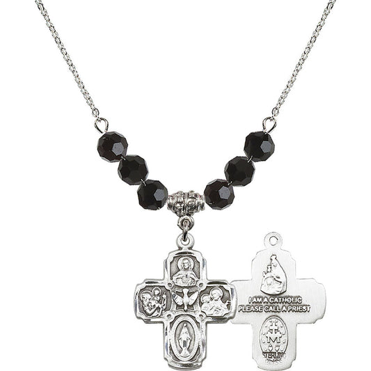 Sterling Silver 5-Way Birthstone Necklace with Jet Beads - 0041