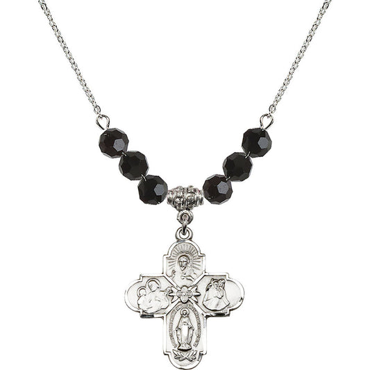 Sterling Silver 4-Way Birthstone Necklace with Jet Beads - 0043