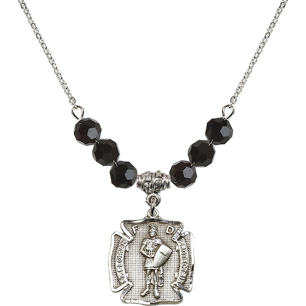 Sterling Silver Saint Florian Birthstone Necklace with Jet Beads - 0070