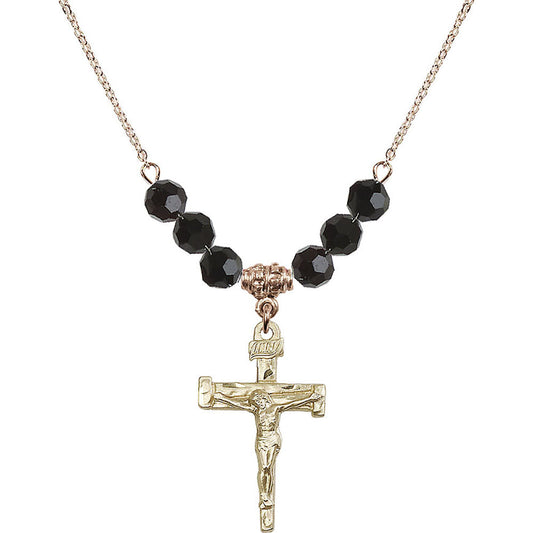 14kt Gold Filled Nail Crucifix Birthstone Necklace with Jet Beads - 0073