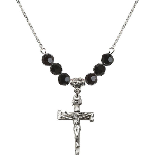 Sterling Silver Nail Crucifix Birthstone Necklace with Jet Beads - 0073