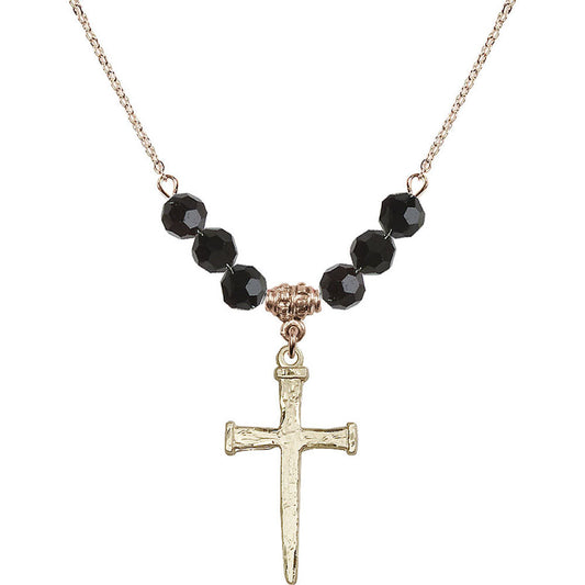 14kt Gold Filled Nail Cross Birthstone Necklace with Jet Beads - 0085