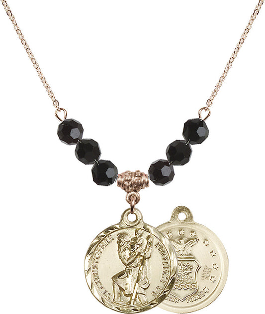 14kt Gold Filled Saint Christopher / Air Force Birthstone Necklace with Jet Beads - 0192