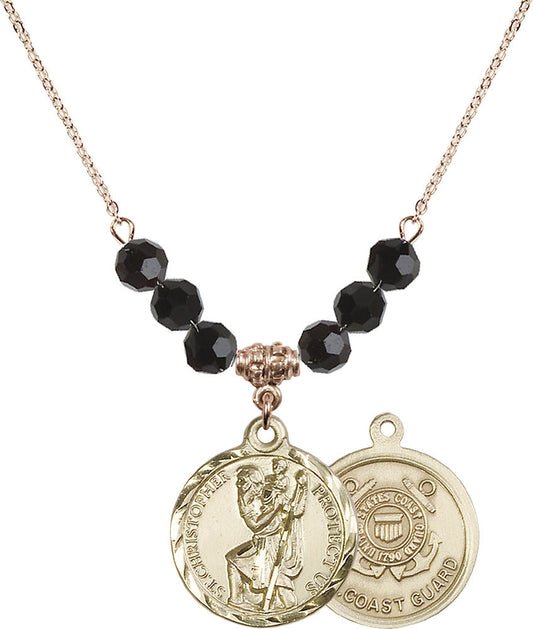 14kt Gold Filled Saint Christopher / Coast Guard Birthstone Necklace with Jet Beads - 0192