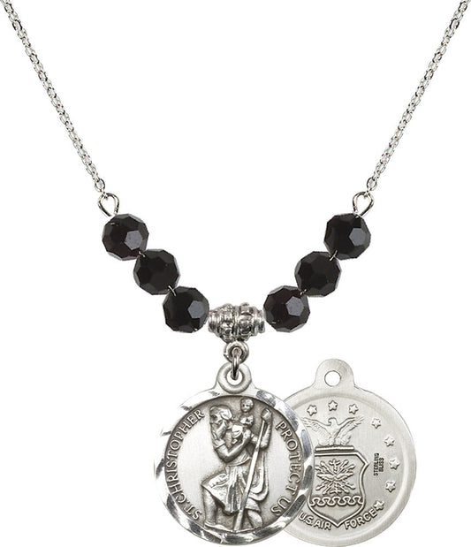 Sterling Silver Saint Christopher / Air Force Birthstone Necklace with Jet Beads - 0192
