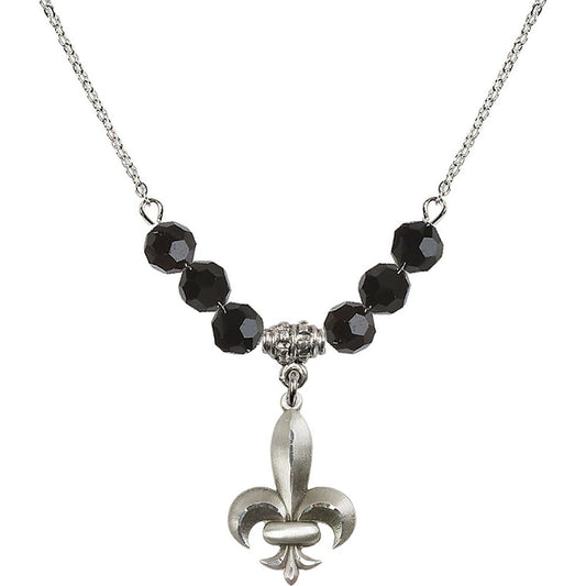 Sterling Silver Fleur de Lis Birthstone Necklace with Jet Beads - 0294