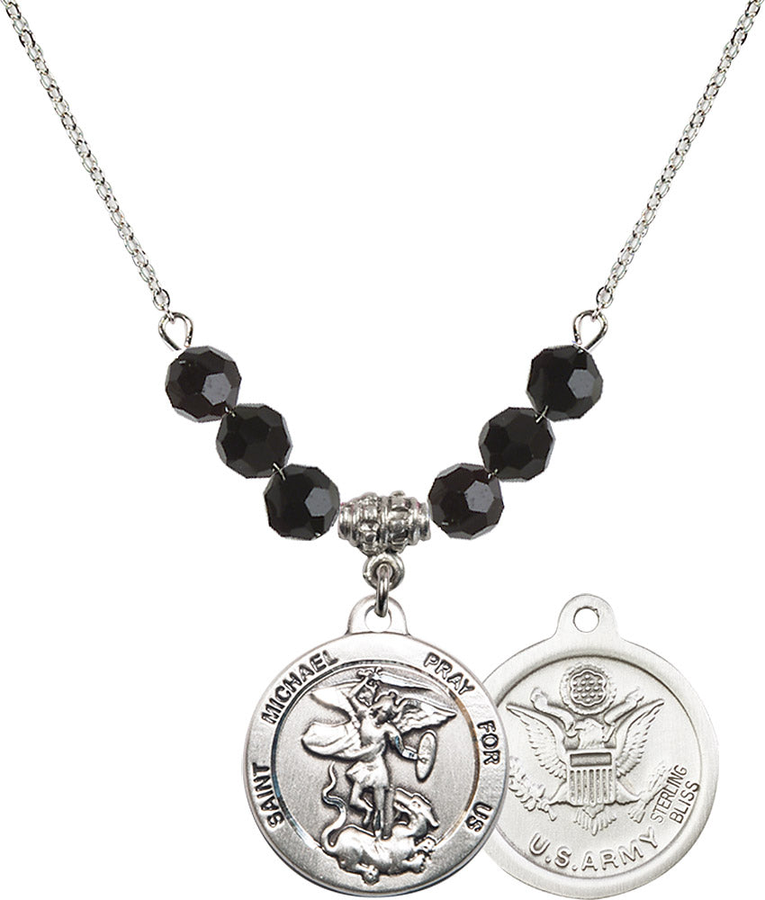 Sterling Silver Saint Michael / Army Birthstone Necklace with Jet Beads - 0342